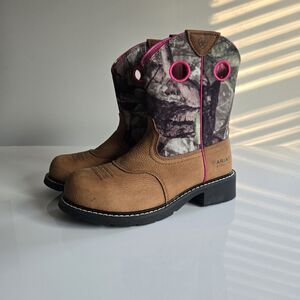 Ariat Women's Size 7 Fatbaby Steel Toe Cowboy Boot Camo Pink Leather Canvas